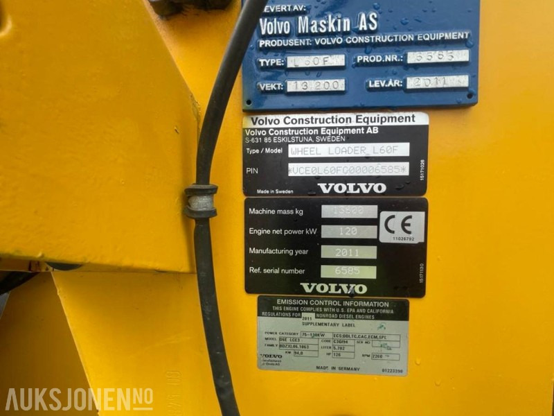 Chargeuse sur pneus 2011 VOLVO L60F HJULLASTER - SPAKSTYRING - NYE DEKK - BBS - 3-4 FUNKSJON - PALLEGAFLER - SKUFFE - KAMERA - MYE PÅKOSTET!