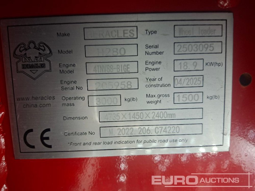 Chargeuse sur pneus Unused 2025 Heracles H280