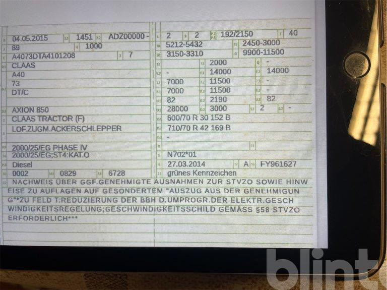 Tracteur agricole CLAAS 850 AXION (2015)