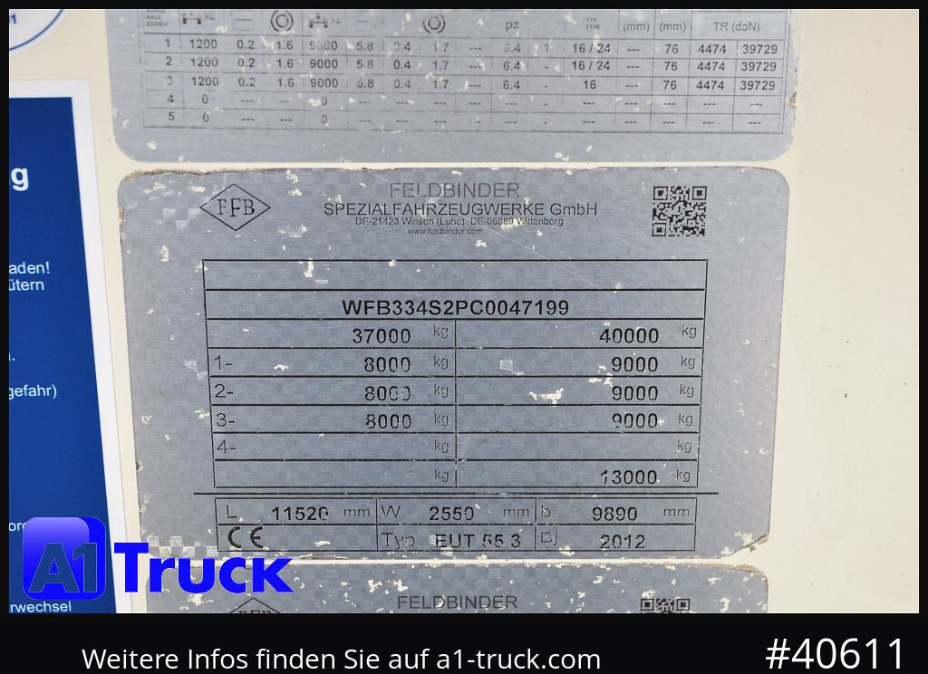 Citerne pulvérulente FELDBINDER EUT 55,3, 7 Kammern Futter Feed, Lenkachse, Alufelgen,