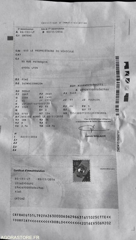 Fourgonnette FIAT DOBLO - 02/11/2016 - 66549kms - EG151LT