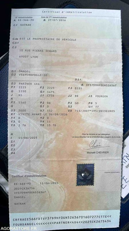 Fourgonnette PEUGEOT PARTNER DANGEL - 2016 - 194550KM - EE566FD