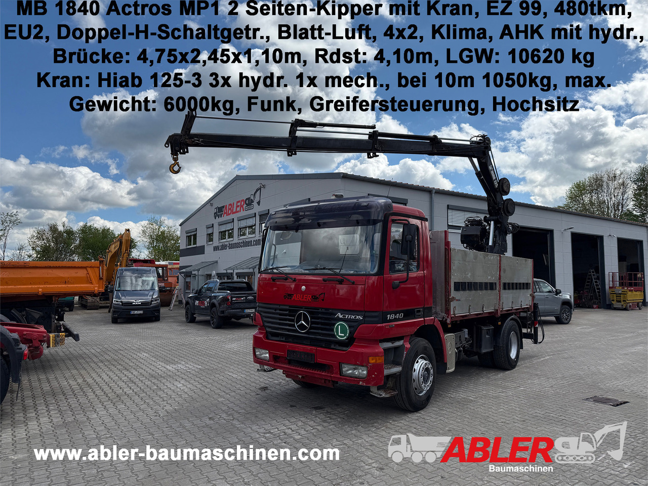 Mercedes-Benz 1840 Actros 2-Seiten-Kipper mit Kran Hiab 125-3 mit Funk - Camion plateau, Camion grue: photos 1 Mercedes-Benz 1840 Actros 2-Seiten-Kipper mit Kran Hiab 125-3 mit Funk - Camion plateau, Camion grue: photos 1