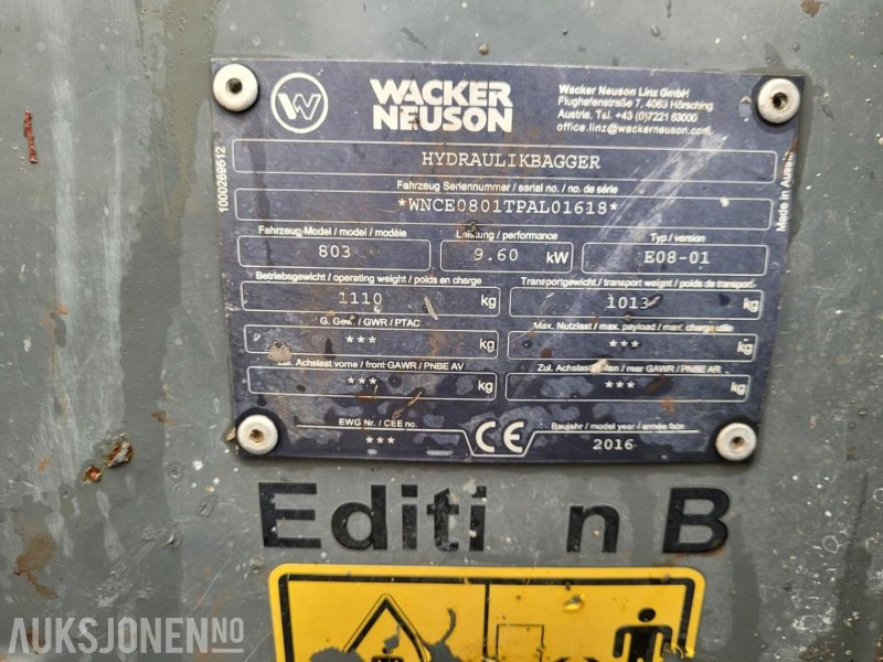 Mini pelle 2016 Wacker Neuson 803 Dual Power, 2 skuffer, Elektro-hydraulisk aggregat (HPU): photos 7