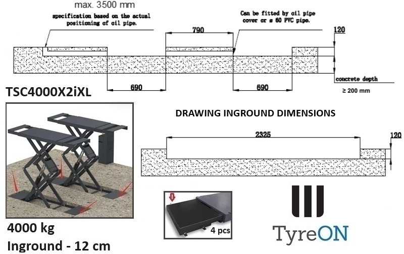 Équipement de garage TSC4000X2iXL In floor scissor lift - Double extensions - 12 cm installation depth - Hydromechanically locked - No compressed air required - 4T: photos 7