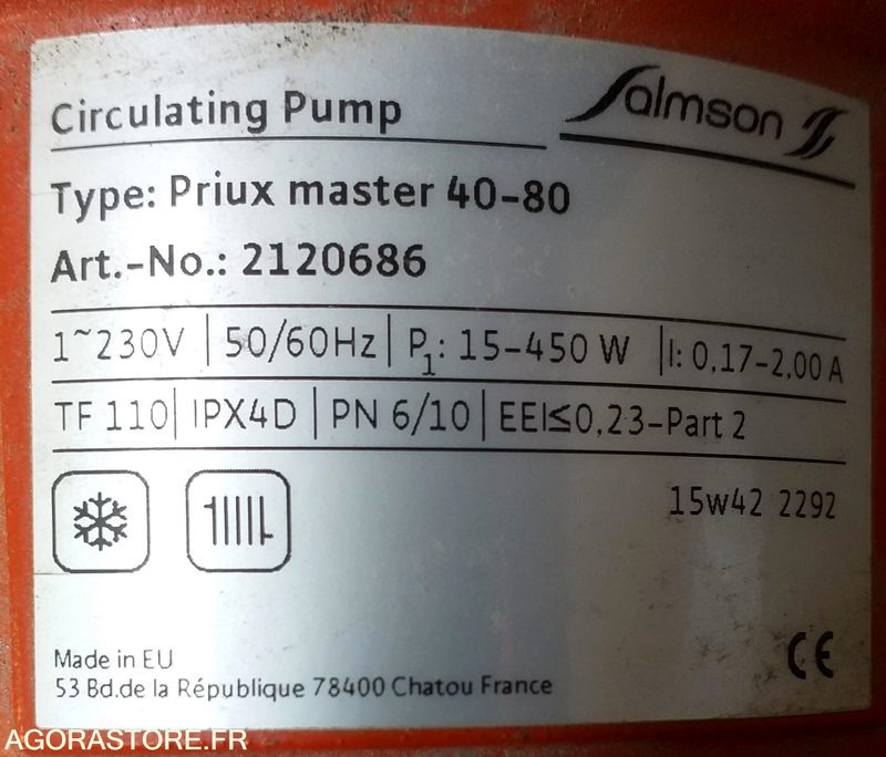 Pompe de chauffage Salmson - Circulateur PRIUX MASTER 40 - 80 / 250 Entraxe 250 - Équipement CVC: photos 3 Pompe de chauffage Salmson - Circulateur PRIUX MASTER 40 - 80 / 250 Entraxe 250 - Équipement CVC: photos 3