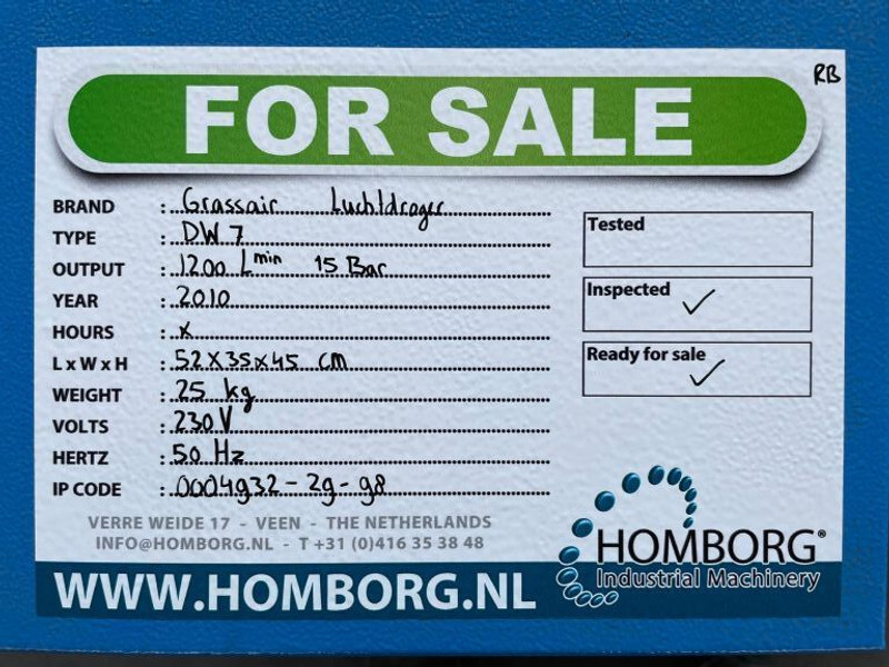 Compresseur d'air Grassair DW 7 Luchtdroger, 1200 L / min. 15 Bar Air Dryer: photos 10 Compresseur d'air Grassair DW 7 Luchtdroger, 1200 L / min. 15 Bar Air Dryer: photos 10